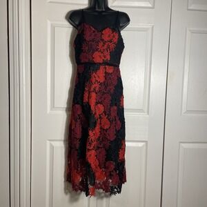 bebe Crochet Lace Overlay Dress Women 4 Red Black Sleeveless Whimsigoth Midi
